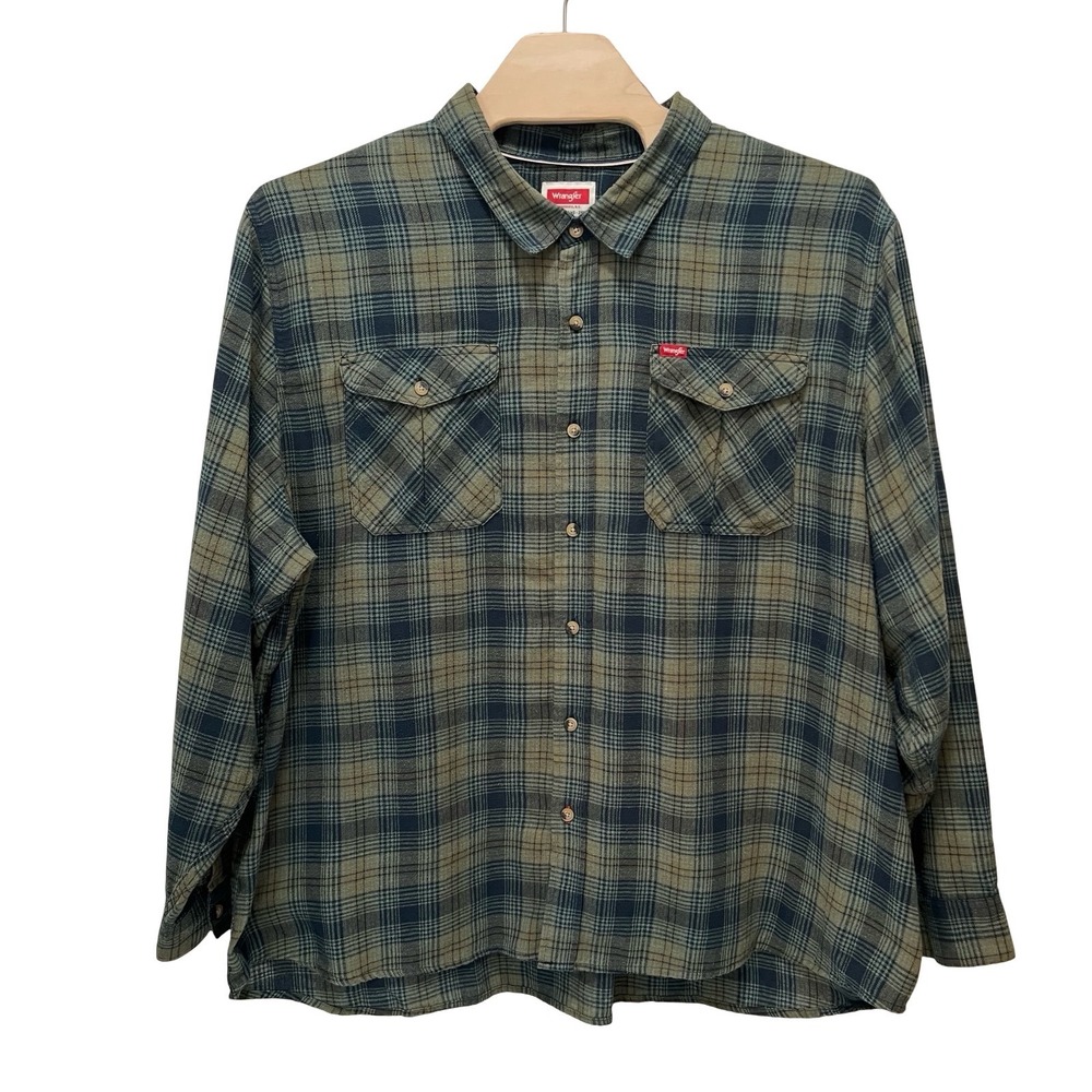 Wrangler Mens 4XL Plaid Flannel Shirt Green Navy Blue Long Sleeve Button Down